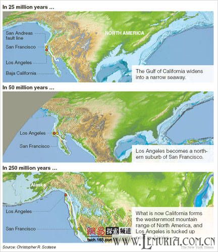 《纽约时报》绘制的2500万年后、5000万年后以及2.5亿年后美国地理的变化